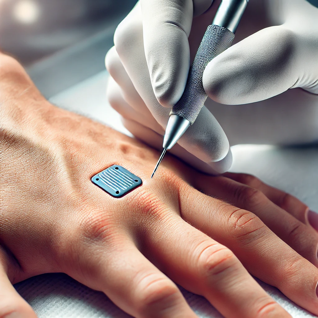 DALL·E 2024 12 15 00.48.54 A close up depiction of a microchip implantation process under the skin. A medical professional wearing gloves uses a small sterile device to insert t