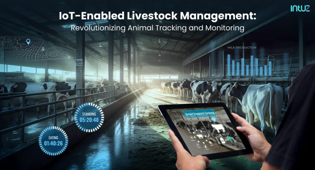 Tablet displaying IoT-enabled livestock management data with cows in a barn, showing metrics for animal tracking and monitoring.